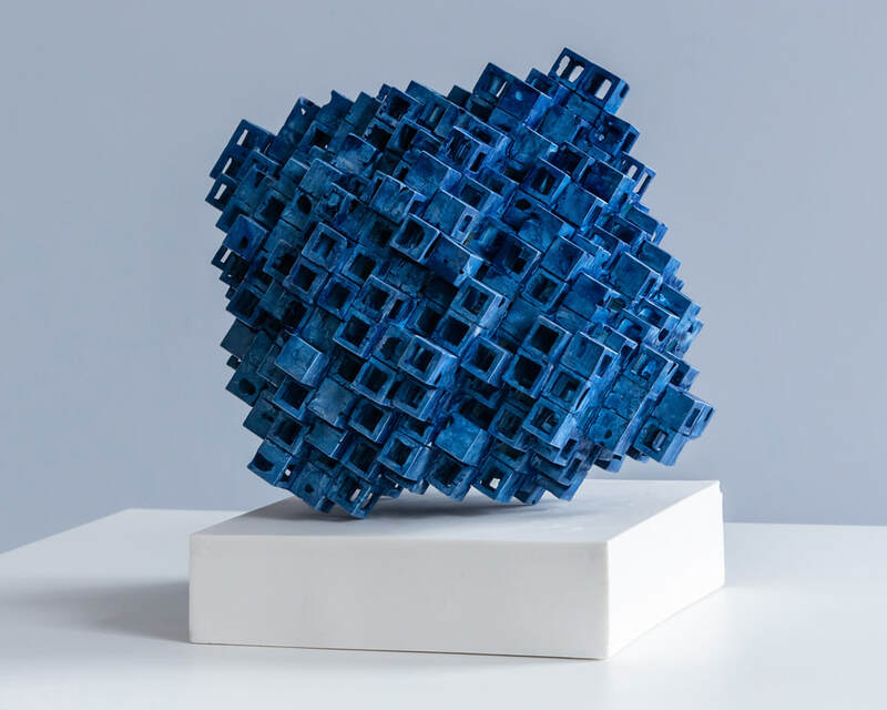 Critical Mass. Cast porcelain cubes assembled and surface printed with cyanotype. Modular. Anne Butler Ceramics