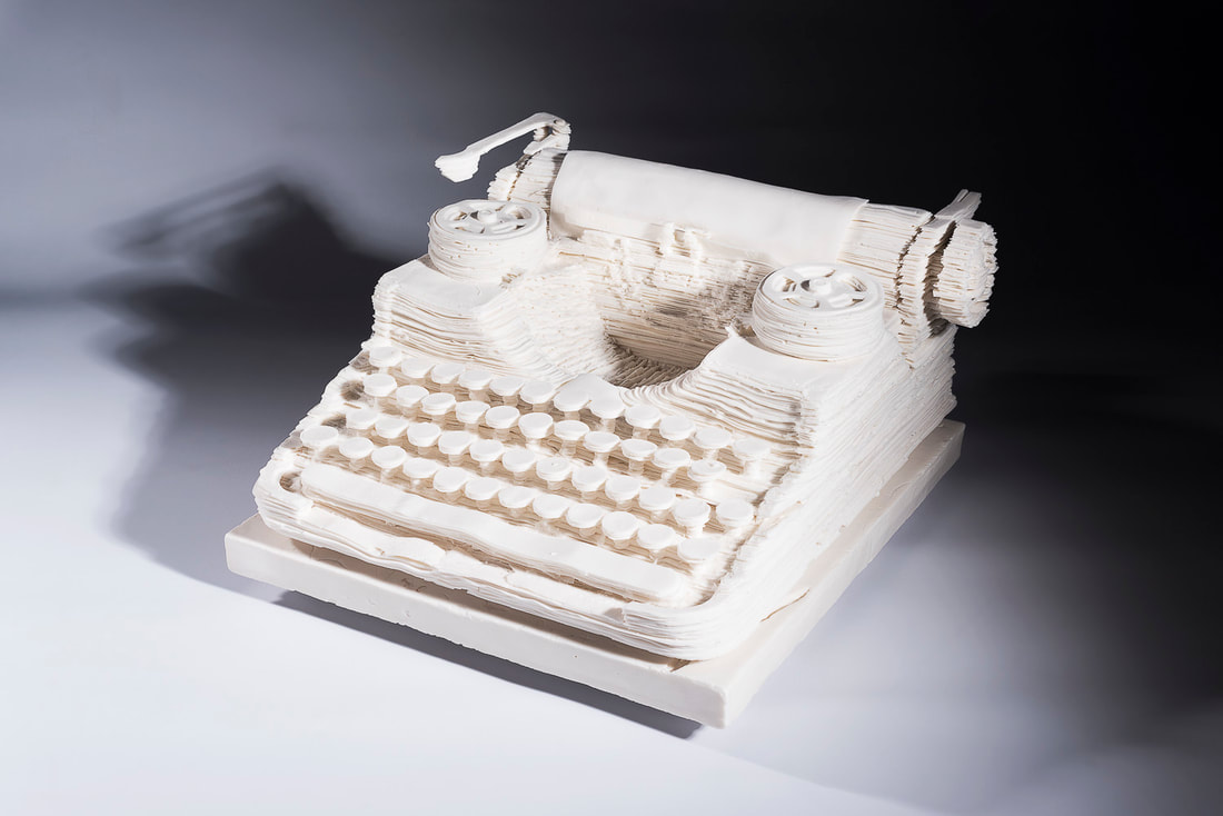 Object of Time Series. Shift. Layers of parian porcelain, Text, Typewriter, Typewriter Keys - Anne Butler Ceramics
