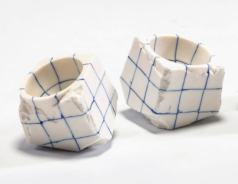 Genesis. Tilting sculpted porcelain vessels.Anne Butler Ceramics